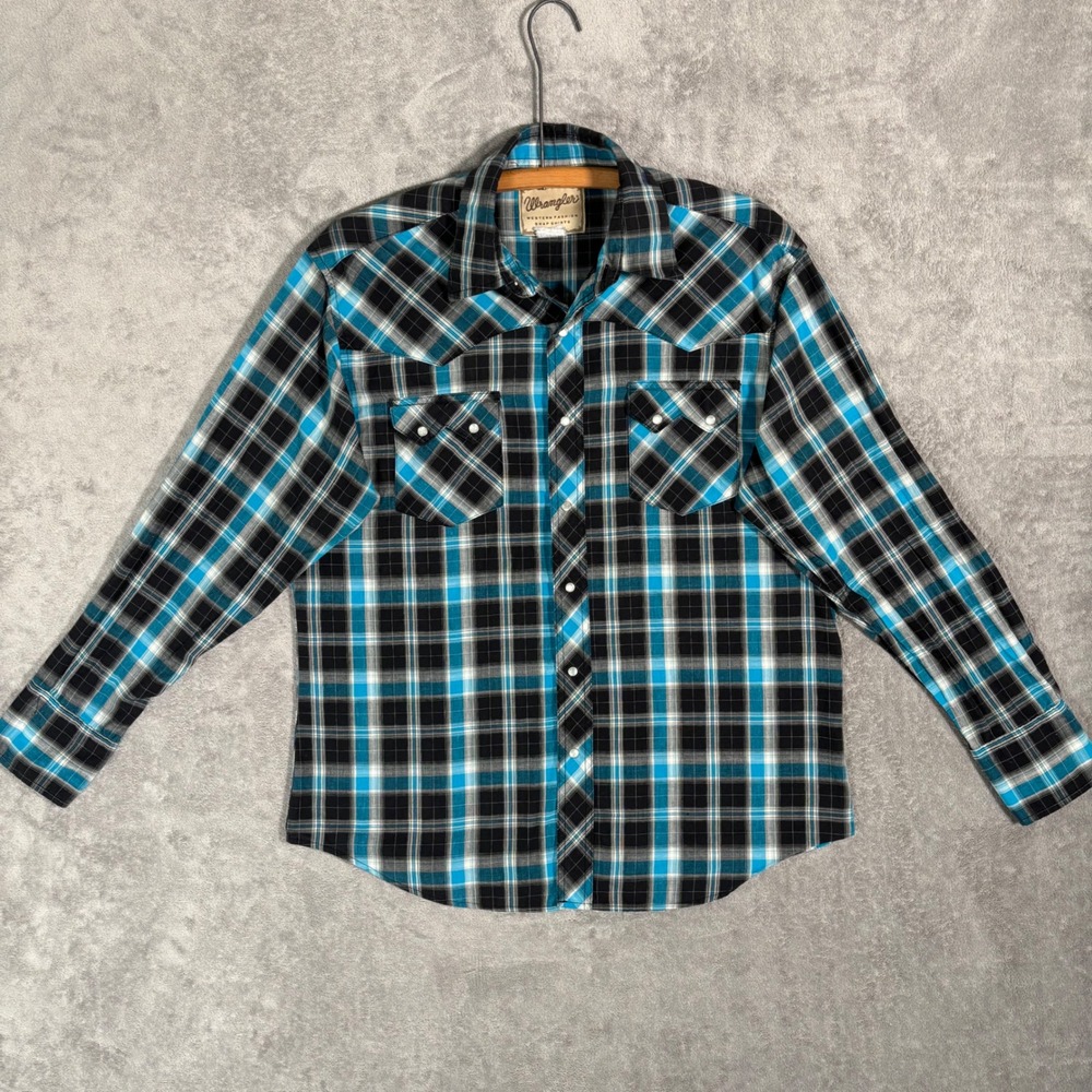 Wrangler Mens Western Snap Shirt Blue Black Plaid Pearl Snap Long Sleeve XL
